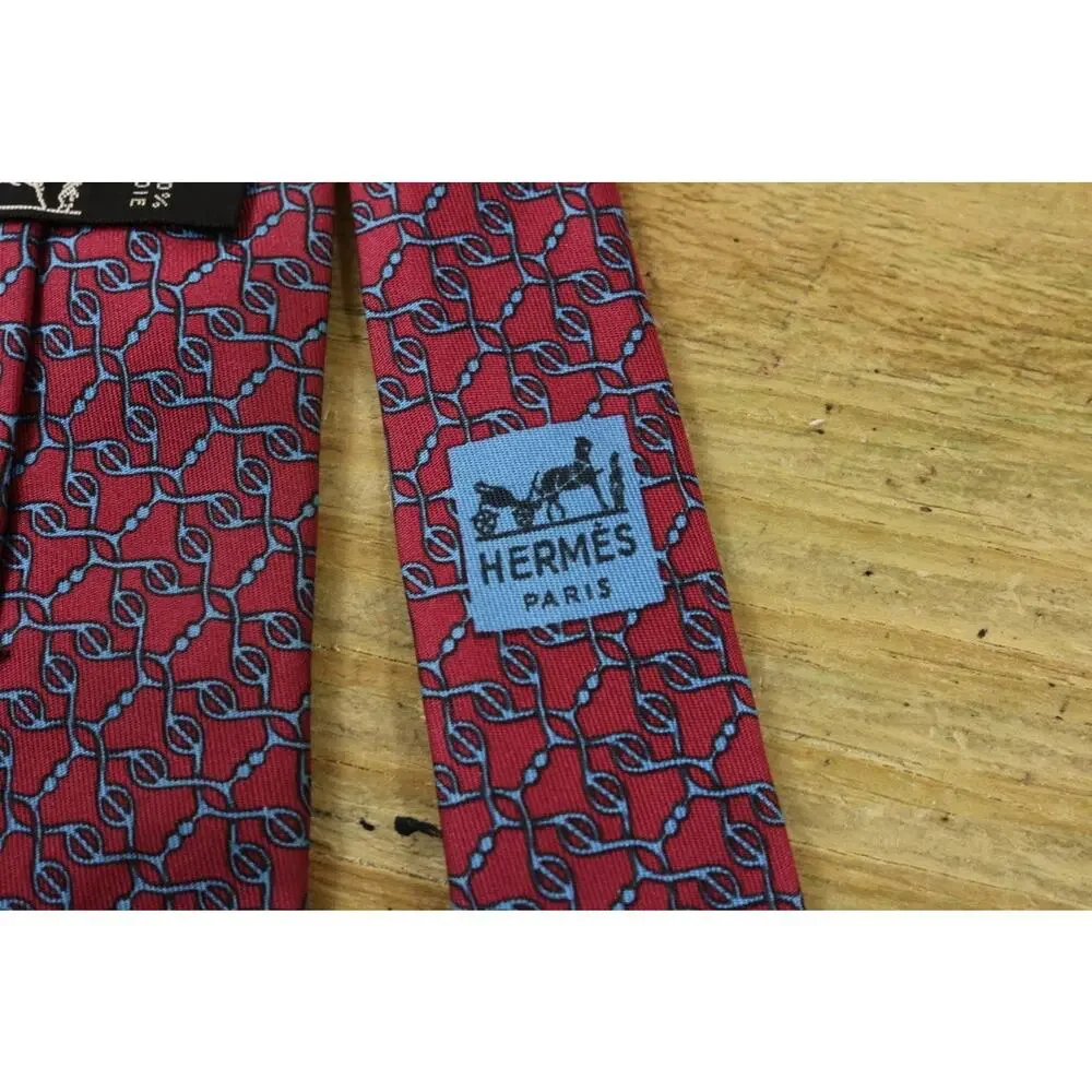 Hermes Tie Mens Silk Red Blue Chain Link Geometric Print France No Box